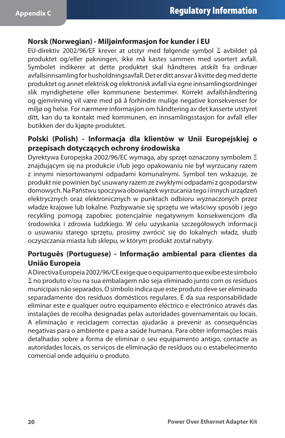Regulatory information | Linksys WAPPOE User Manual | Page 24 / 28