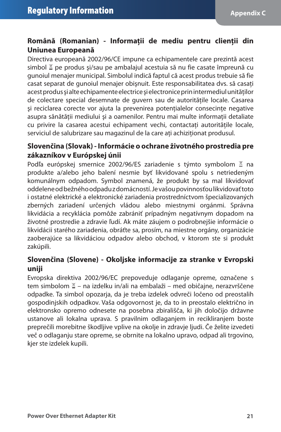 Regulatory information | Linksys WAPPOE User Manual | Page 25 / 28