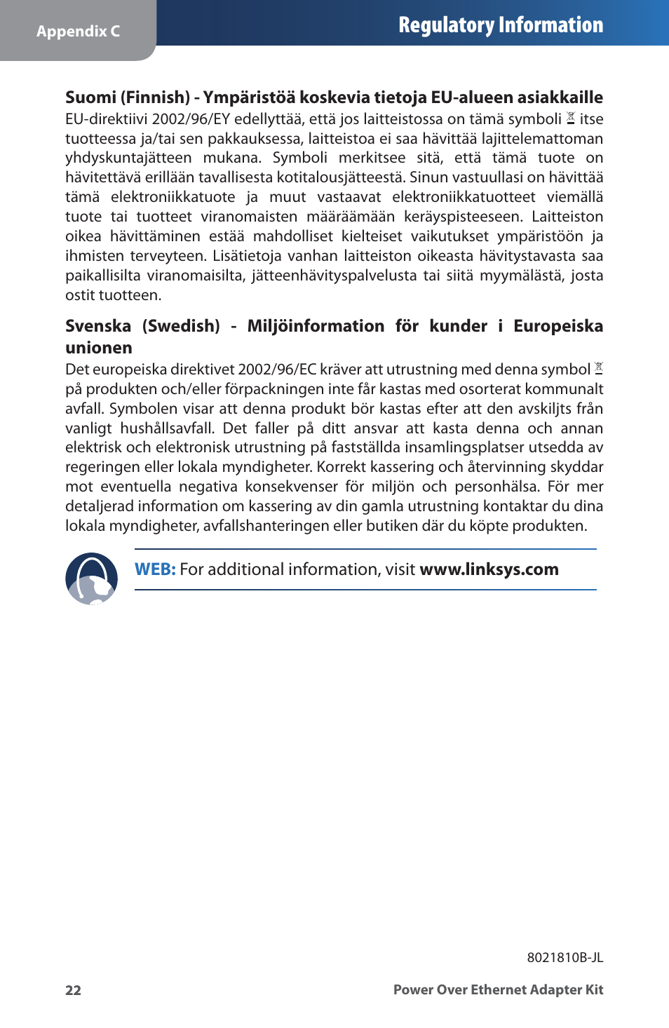 Regulatory information | Linksys WAPPOE User Manual | Page 26 / 28