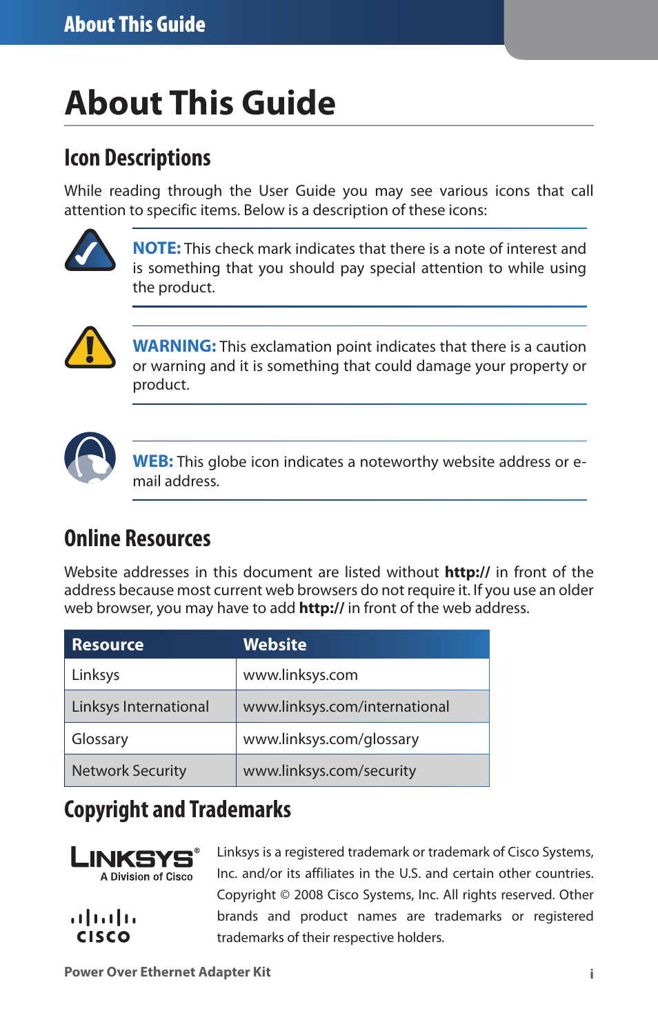 Aboutthsgude, Icon descriptions, Online resources | Copyright and trademarks, About this guide | Linksys WAPPOE User Manual | Page 3 / 28
