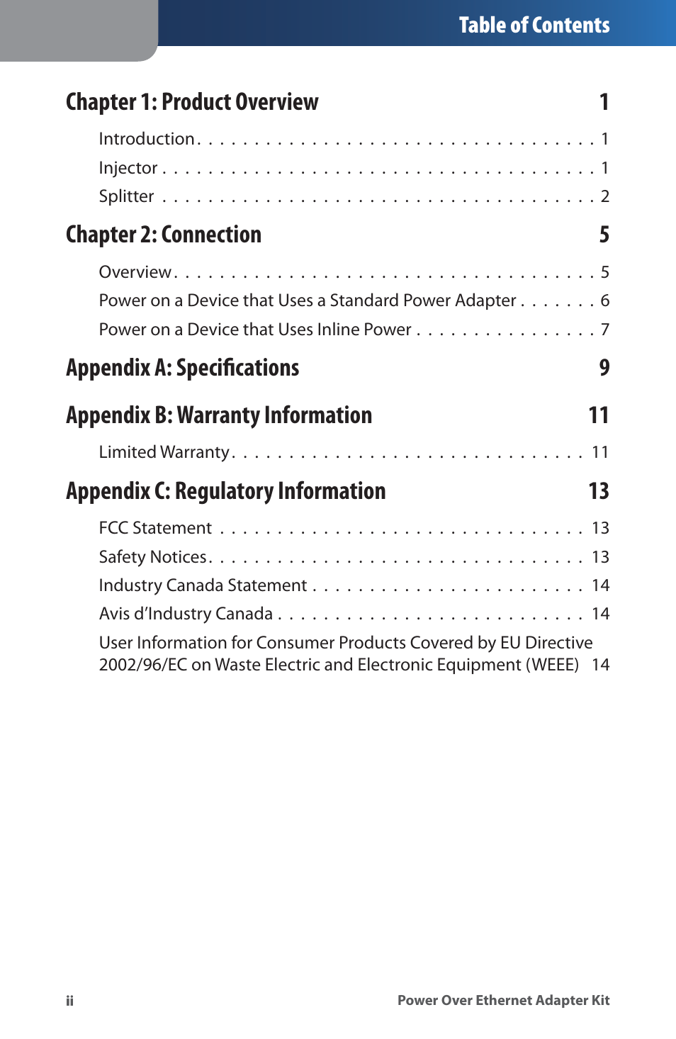 Chapter 1: product overview 1, Chapter 2: connection 5, Appendix c: regulatory information 13 | Linksys WAPPOE User Manual | Page 4 / 28