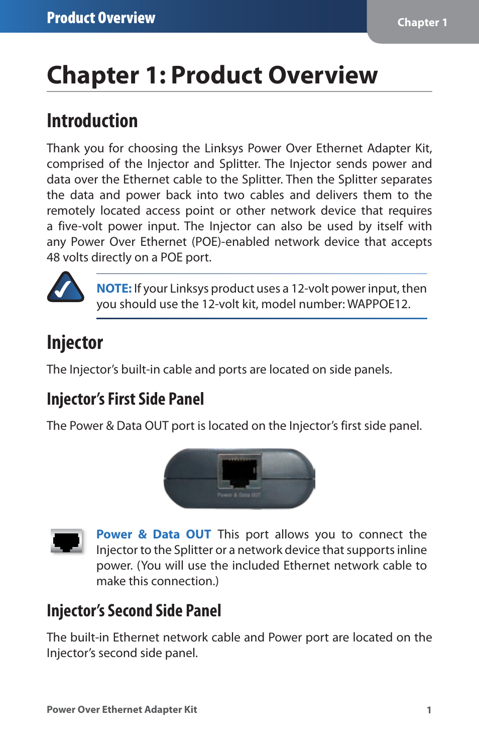 Chapter 1: product overview, Introduction, Injector | Introduction injector, Chapter:productovervew, Injector’s first side panel, Injector’s second side panel, Product overview | Linksys WAPPOE User Manual | Page 5 / 28