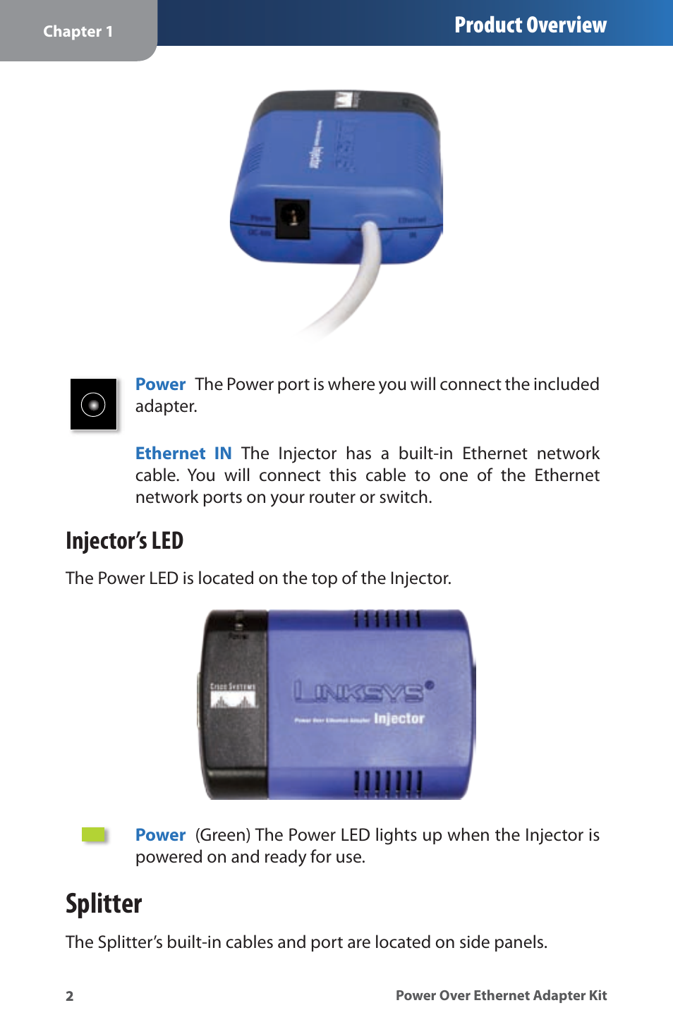 Splitter, Injector’s led, Product overview | Linksys WAPPOE User Manual | Page 6 / 28