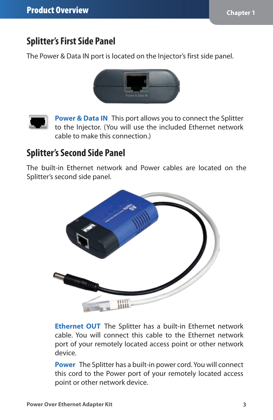 Splitter’s first side panel, Splitter’s second side panel, Product overview | Linksys WAPPOE User Manual | Page 7 / 28