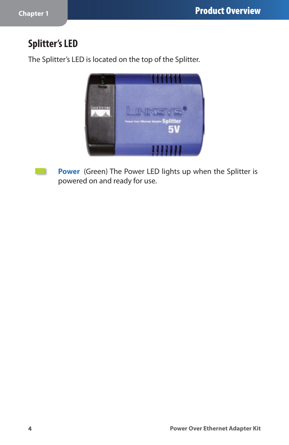 Splitter’s led, Product overview | Linksys WAPPOE User Manual | Page 8 / 28