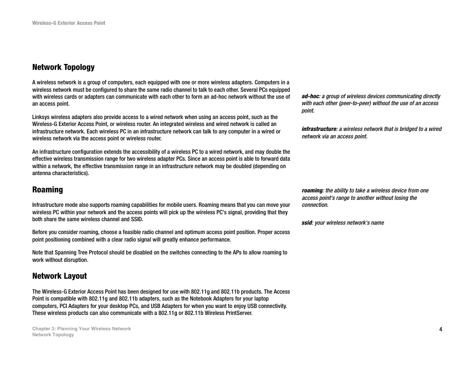 Chapter 2: planning your wireless network, Network topology, Roaming | Network layout | Linksys WAP54GPE User Manual | Page 10 / 72