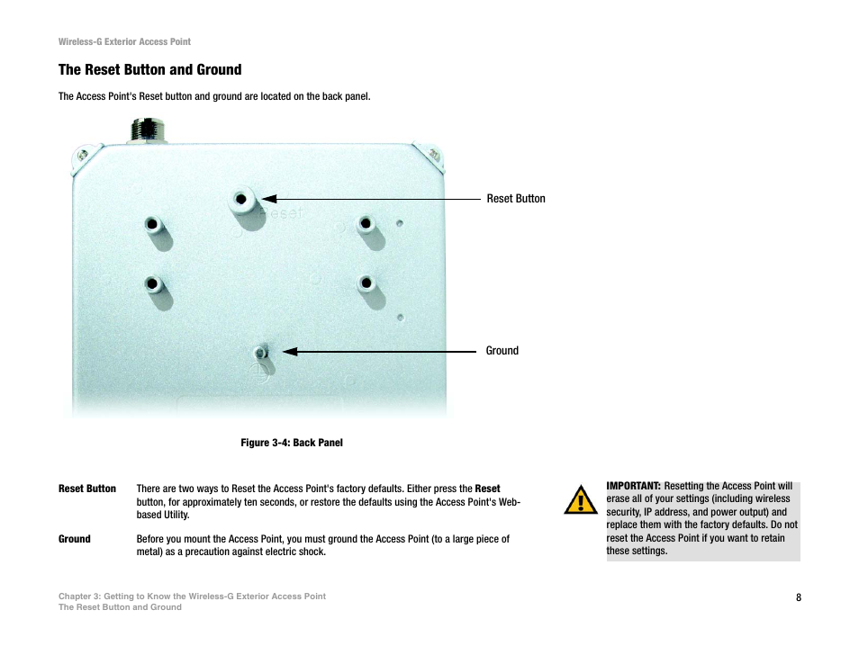 The reset button and ground | Linksys WAP54GPE User Manual | Page 14 / 72