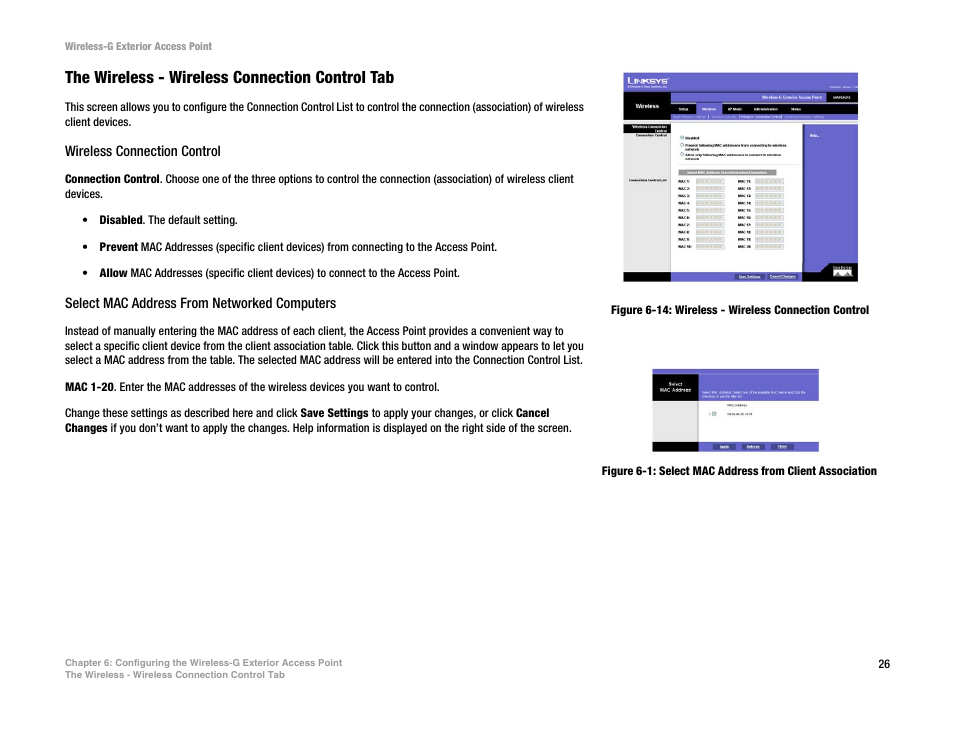 The wireless - wireless connection control tab | Linksys WAP54GPE User Manual | Page 32 / 72