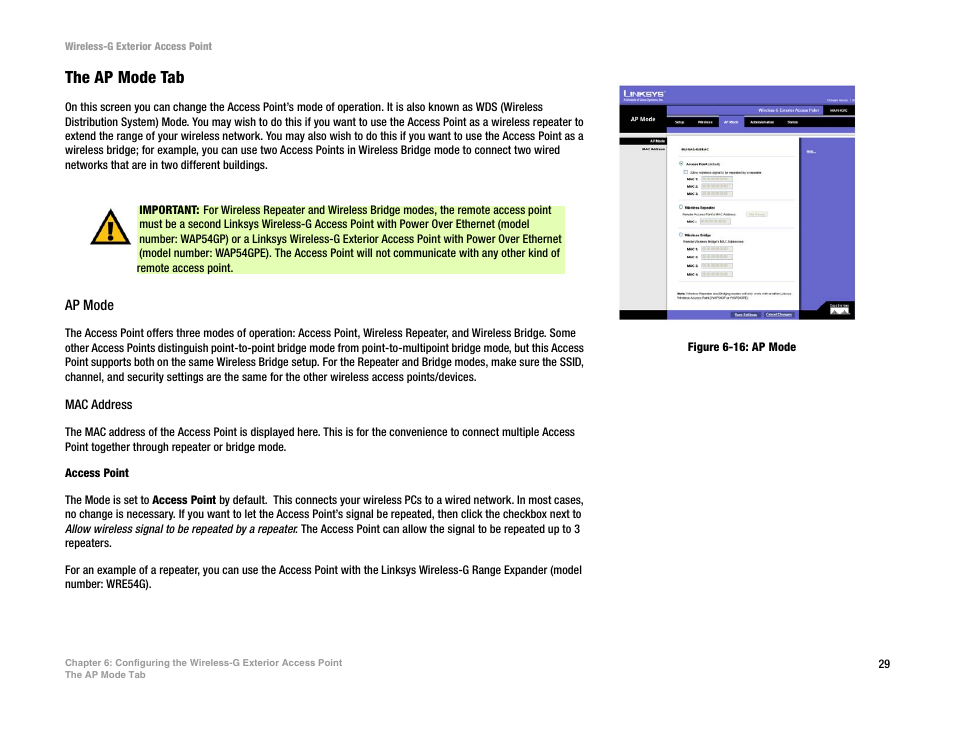 The ap mode tab | Linksys WAP54GPE User Manual | Page 35 / 72
