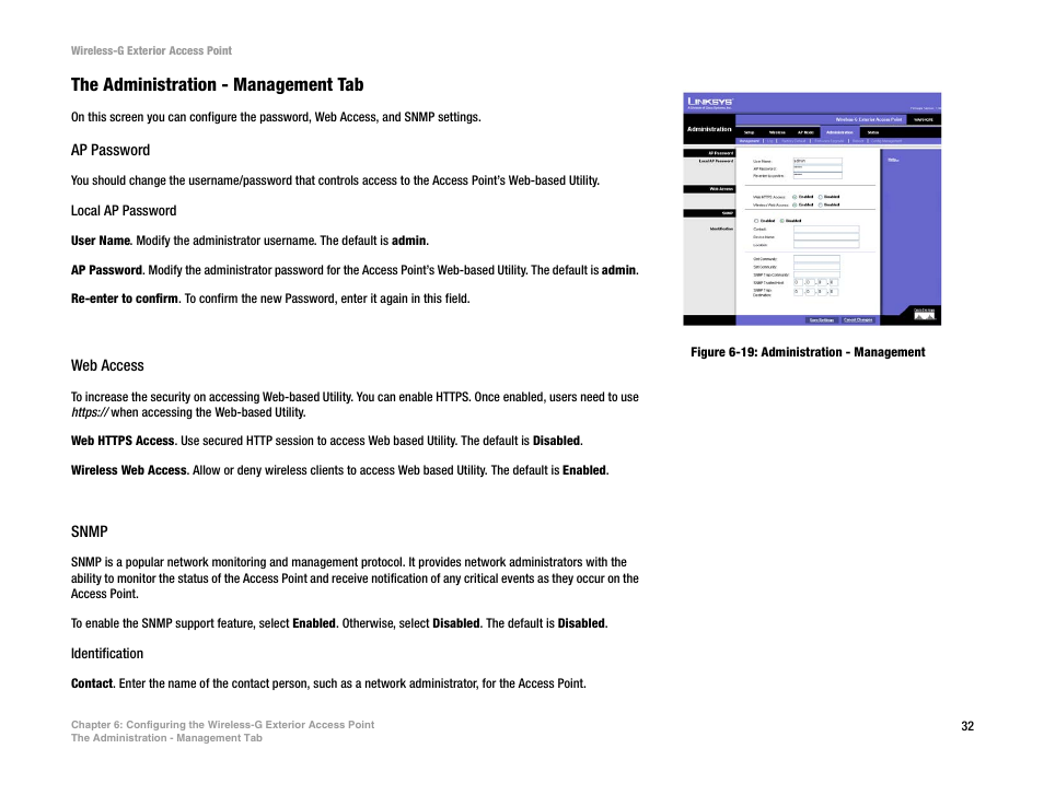 The administration - management tab | Linksys WAP54GPE User Manual | Page 38 / 72