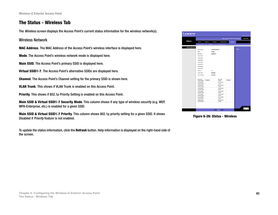 The status - wireless tab | Linksys WAP54GPE User Manual | Page 46 / 72