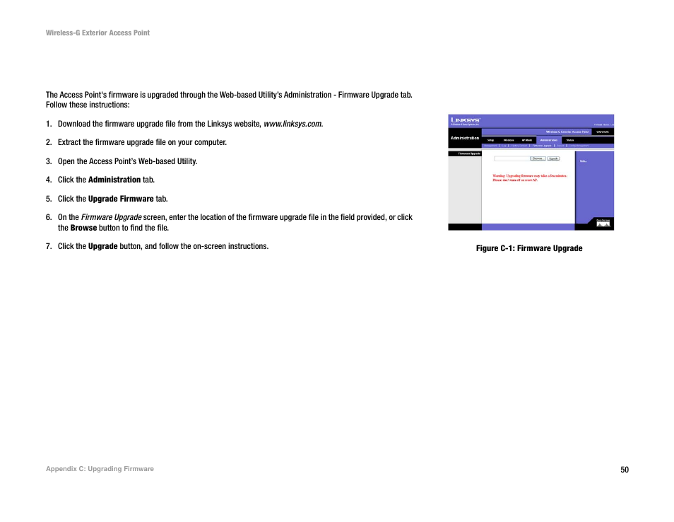 Appendix c: upgrading firmware | Linksys WAP54GPE User Manual | Page 56 / 72