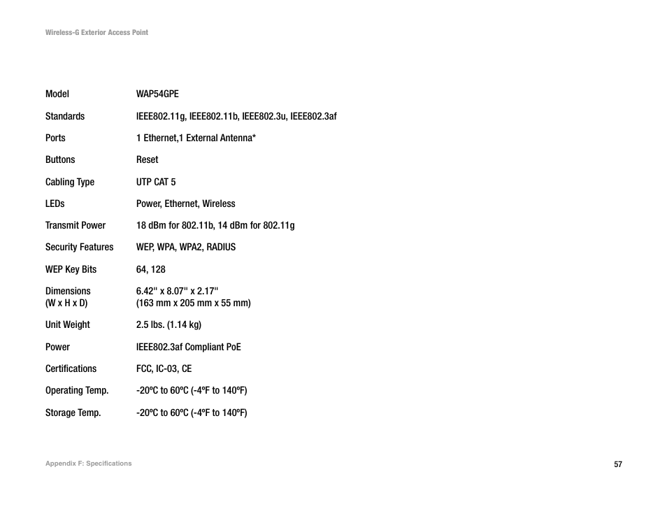 Appendix f: specifications | Linksys WAP54GPE User Manual | Page 63 / 72