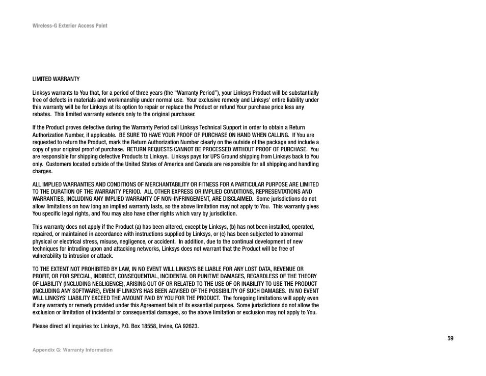Appendix g: warranty information | Linksys WAP54GPE User Manual | Page 65 / 72