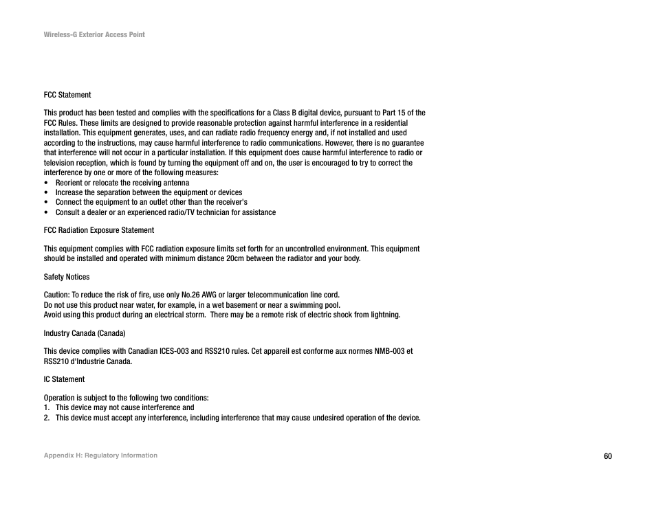Appendix h: regulatory information | Linksys WAP54GPE User Manual | Page 66 / 72