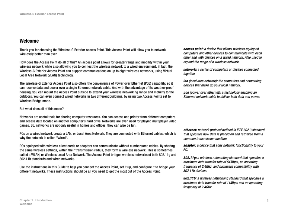 Chapter 1: introduction, Welcome | Linksys WAP54GPE User Manual | Page 7 / 72