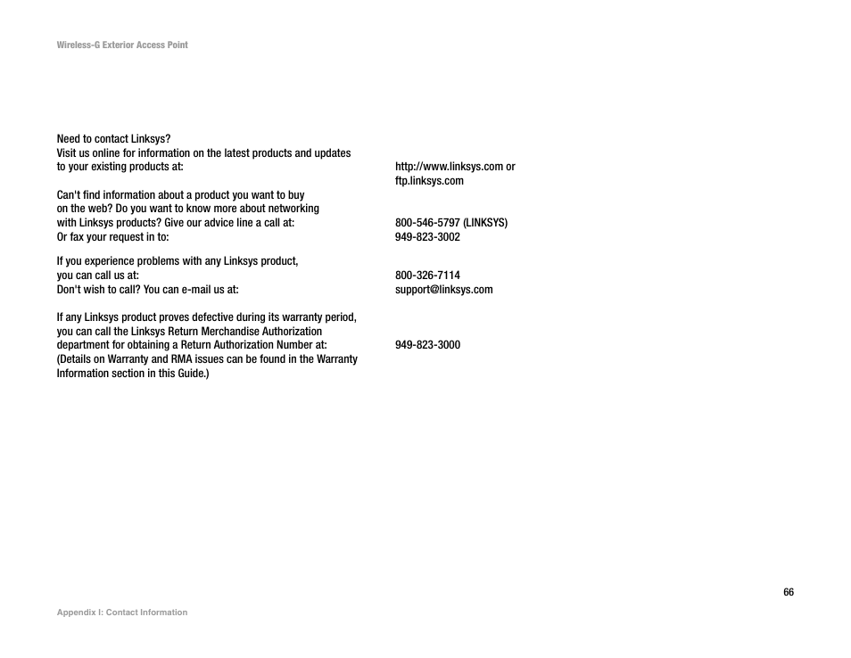 Appendix i: contact information | Linksys WAP54GPE User Manual | Page 72 / 72