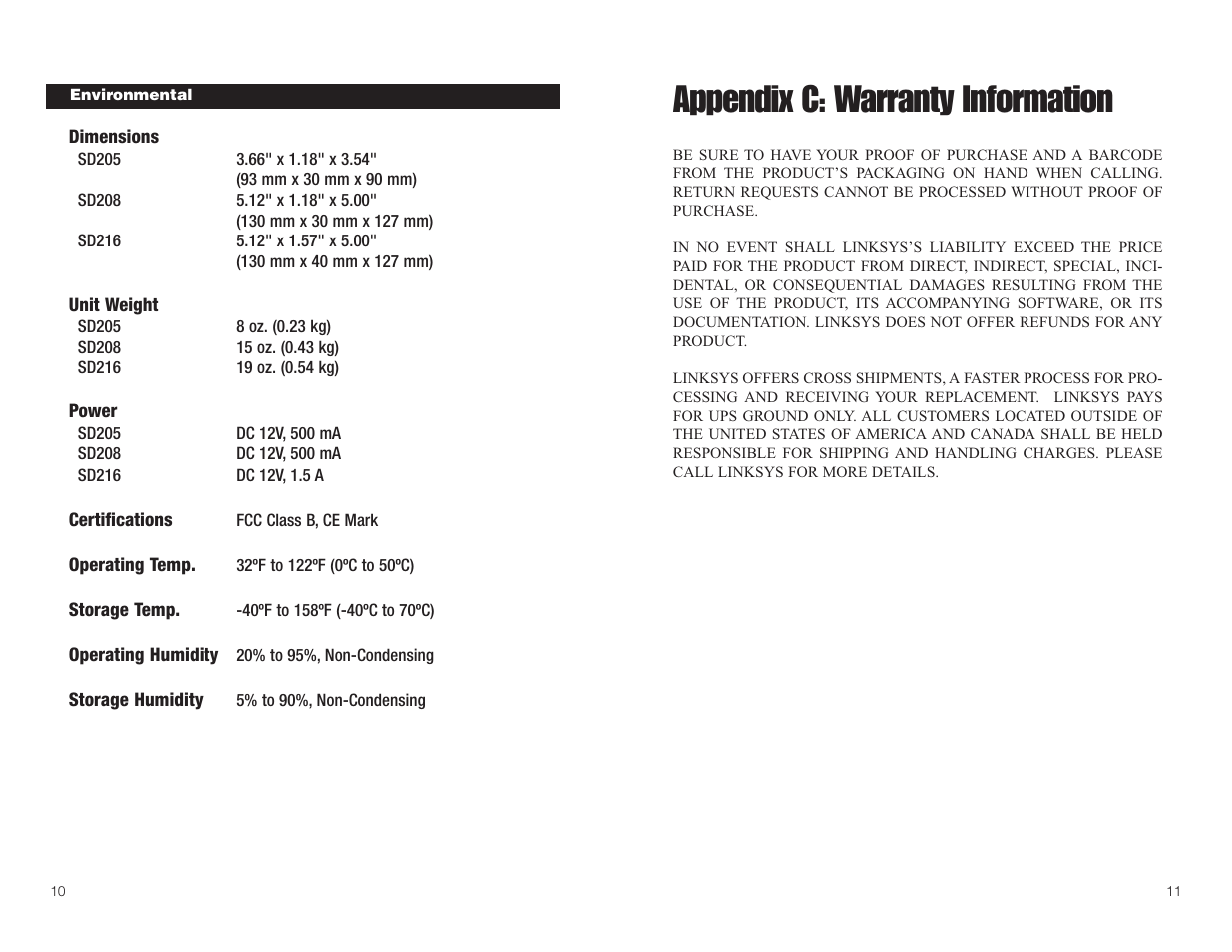 Appendix c: warranty information | Linksys SD205 User Manual | Page 8 / 9
