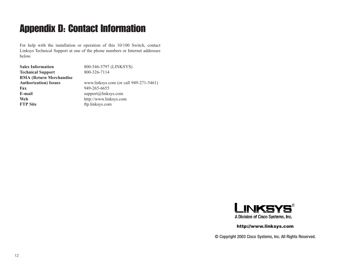 Appendix d: contact information | Linksys SD205 User Manual | Page 9 / 9