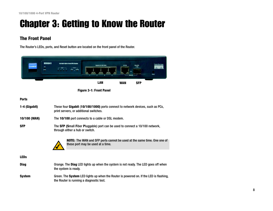 Chapter 3: getting to know the router, The front panel | Linksys RV0041 User Manual | Page 16 / 99