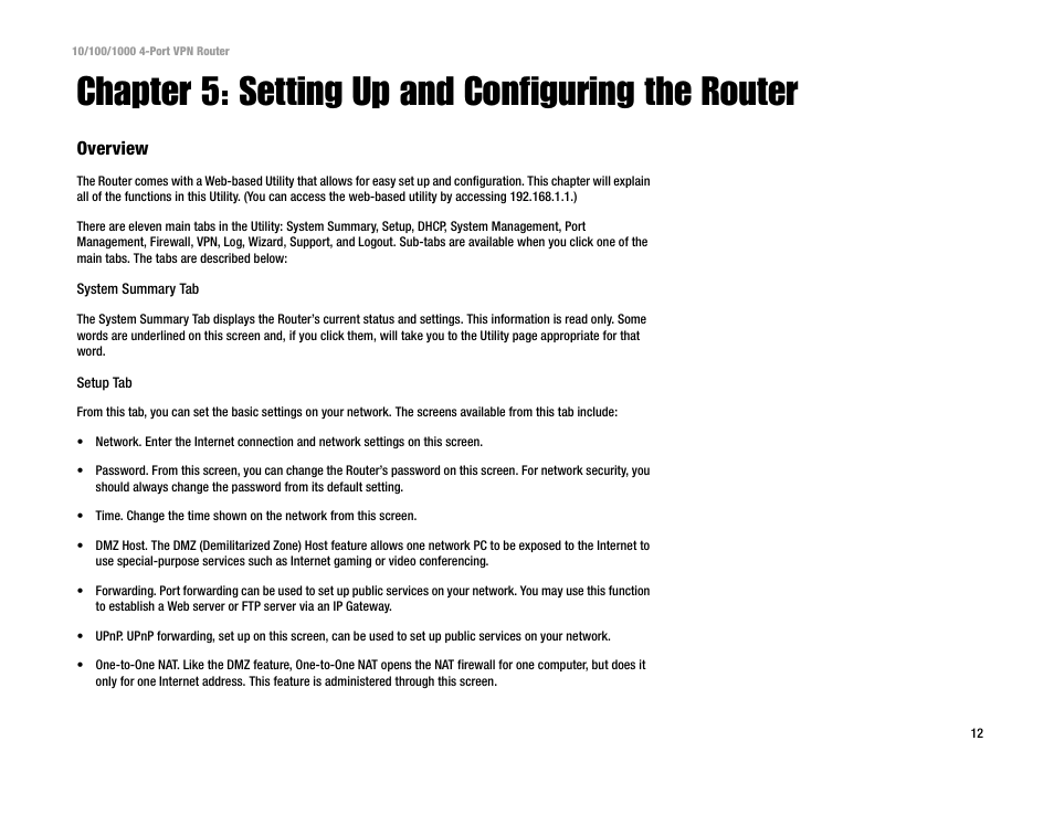Chapter 5: setting up and configuring the router, Overview | Linksys RV0041 User Manual | Page 20 / 99
