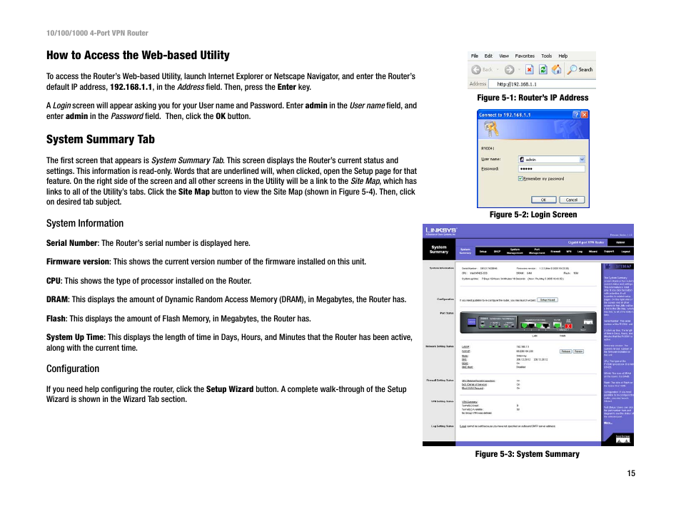 How to access the web-based utility, System summary tab | Linksys RV0041 User Manual | Page 23 / 99