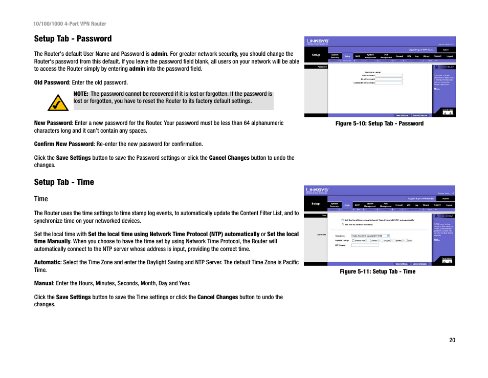 Setup tab - password, Setup tab - time | Linksys RV0041 User Manual | Page 28 / 99