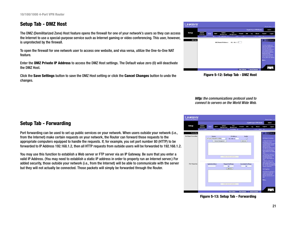 Setup tab - dmz host, Setup tab - forwarding | Linksys RV0041 User Manual | Page 29 / 99