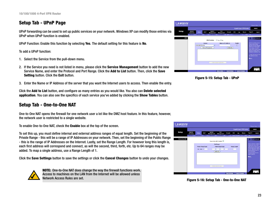 Setup tab - upnp page, Setup tab - one-to-one nat | Linksys RV0041 User Manual | Page 31 / 99