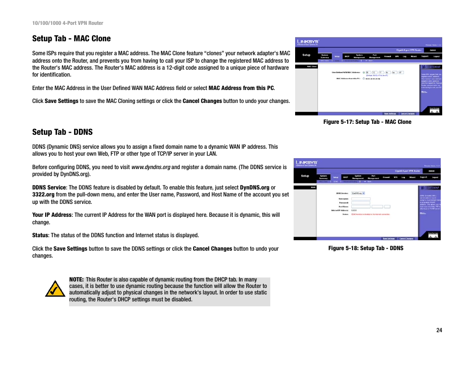 Setup tab - mac clone, Setup tab - ddns | Linksys RV0041 User Manual | Page 32 / 99