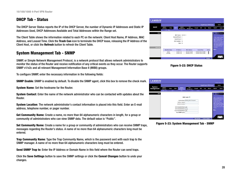 Dhcp tab - status, System management tab - snmp | Linksys RV0041 User Manual | Page 36 / 99