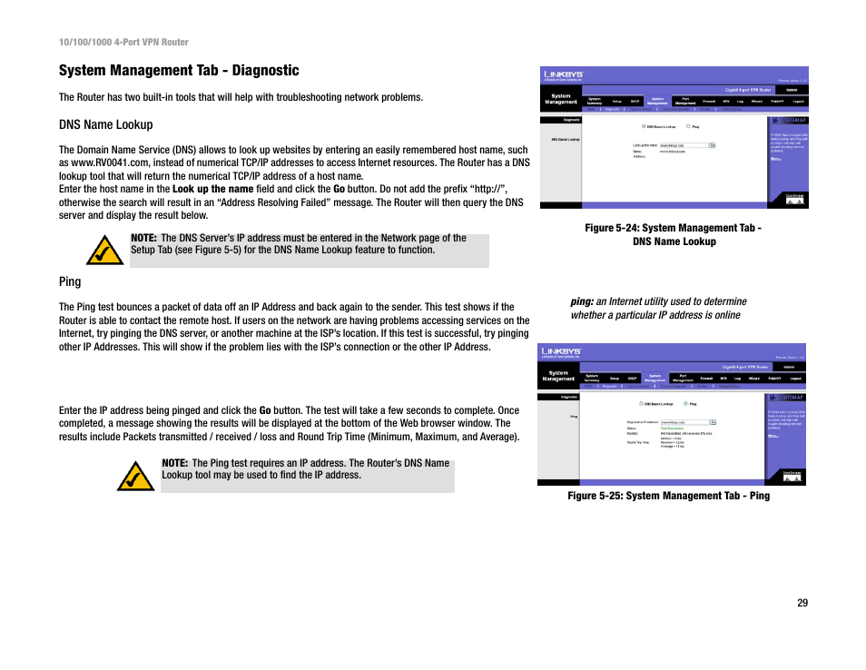 System management tab - diagnostic | Linksys RV0041 User Manual | Page 37 / 99