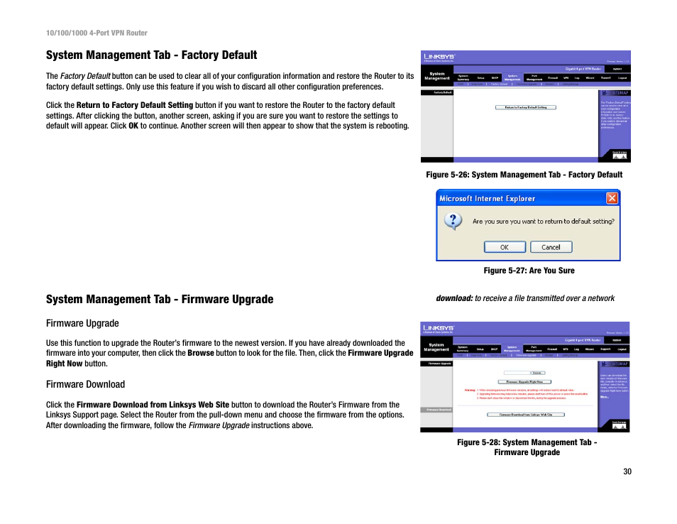 System management tab - factory default, System management tab - firmware upgrade | Linksys RV0041 User Manual | Page 38 / 99