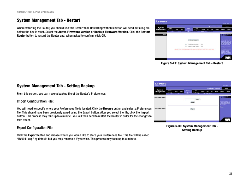 System management tab - restart, System management tab - setting backup | Linksys RV0041 User Manual | Page 39 / 99