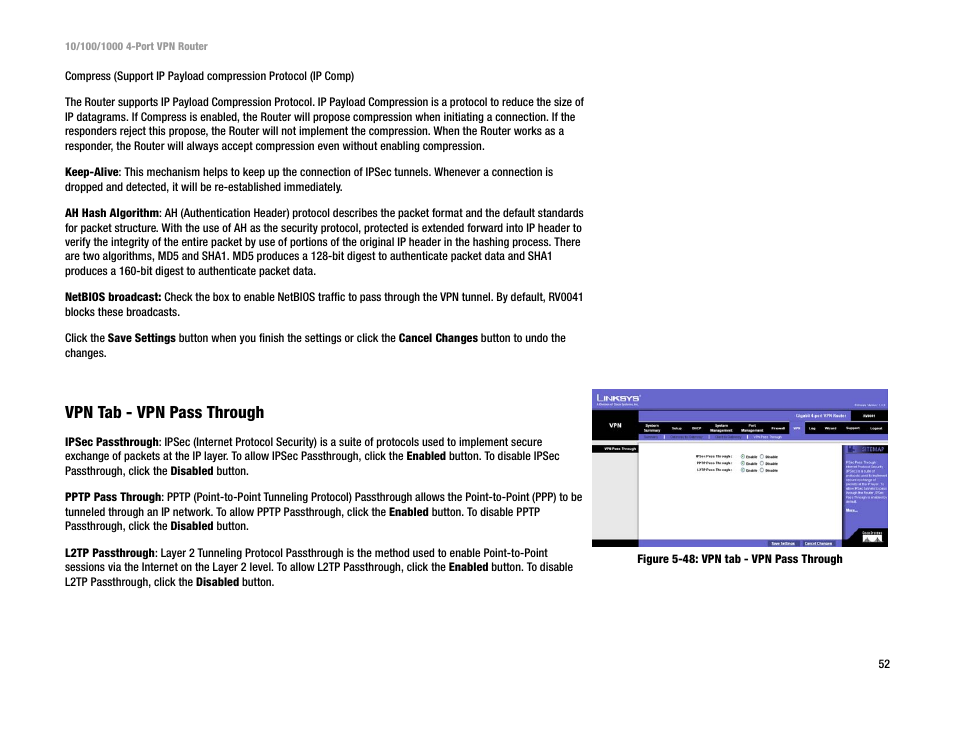 Vpn tab - vpn pass through | Linksys RV0041 User Manual | Page 60 / 99