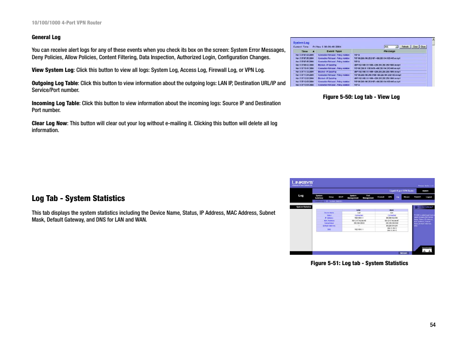 Log tab - system statistics | Linksys RV0041 User Manual | Page 62 / 99