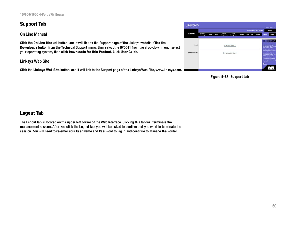 Support tab, Logout tab | Linksys RV0041 User Manual | Page 68 / 99