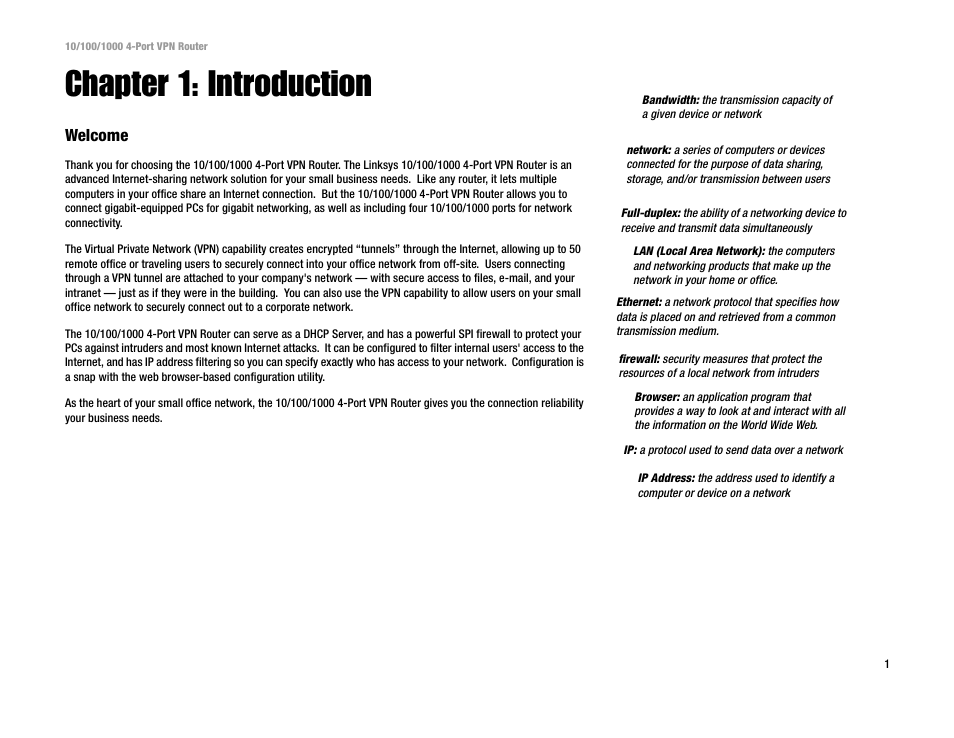 Chapter 1: introduction, Welcome | Linksys RV0041 User Manual | Page 9 / 99