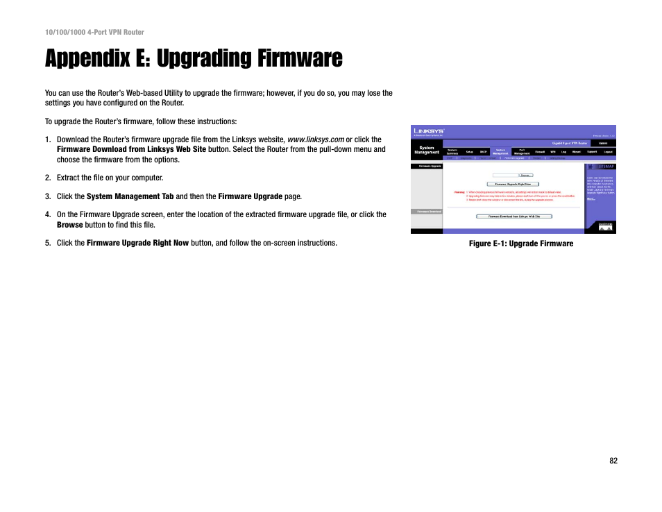Appendix e: upgrading firmware | Linksys RV0041 User Manual | Page 90 / 99
