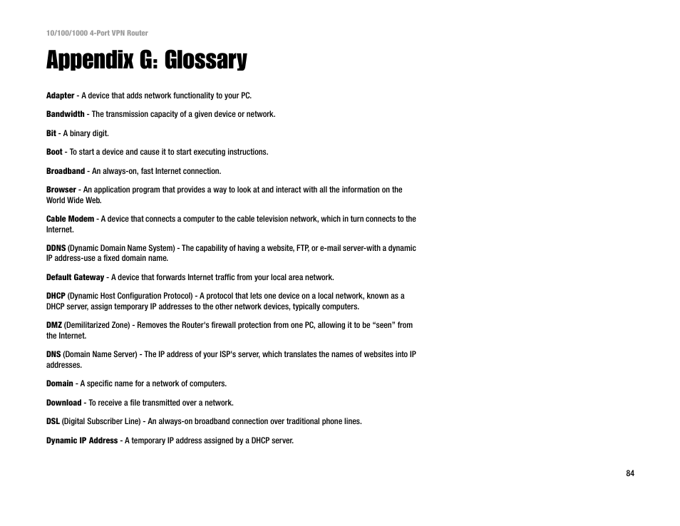 Appendix g: glossary | Linksys RV0041 User Manual | Page 92 / 99