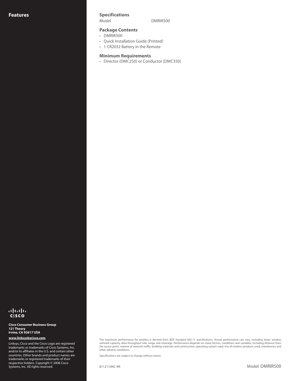 Features | Linksys DMRIR500 User Manual | Page 2 / 2
