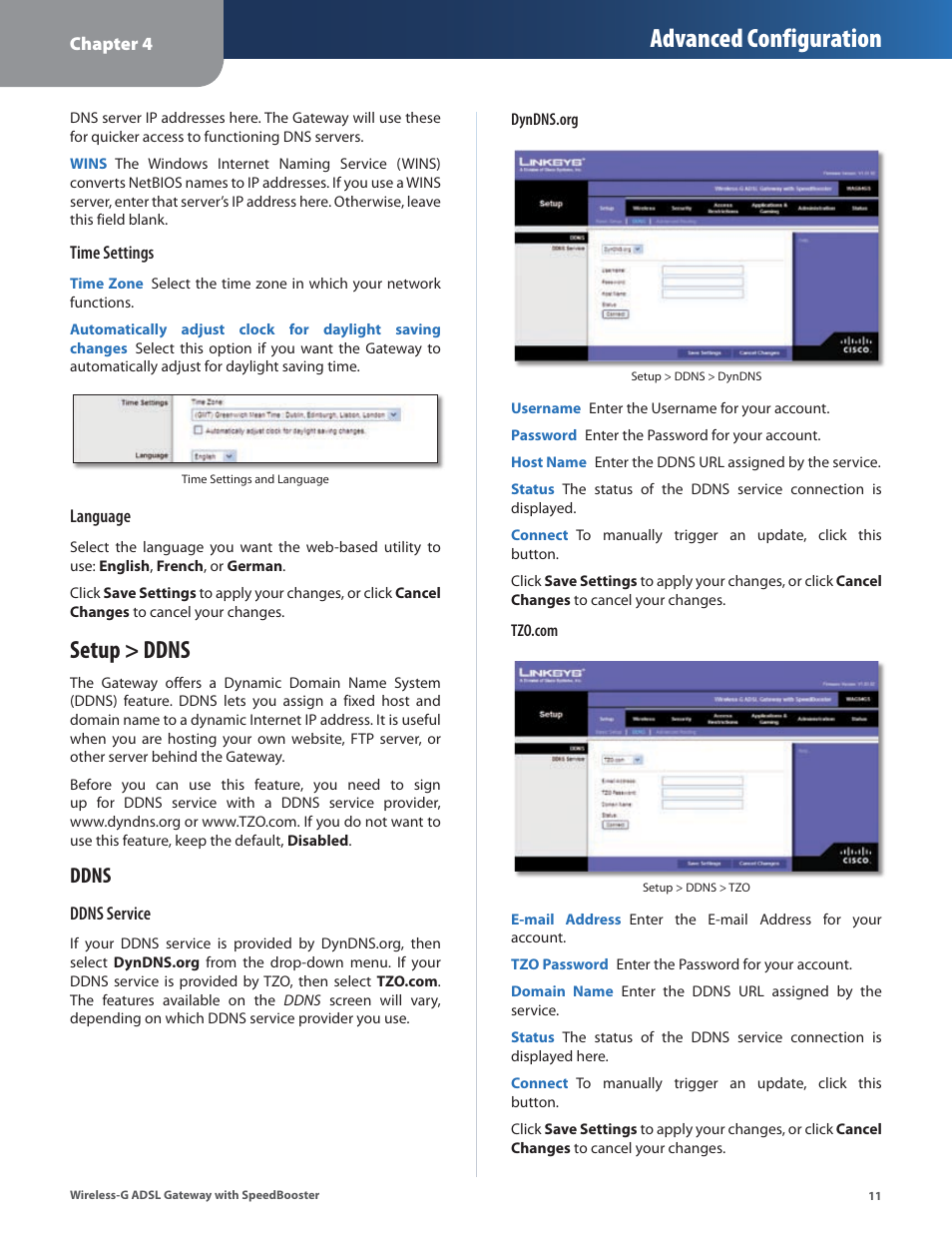 Setup > ddns, Advanced configuration, Ddns | Linksys WAG54GS User Manual | Page 12 / 38
