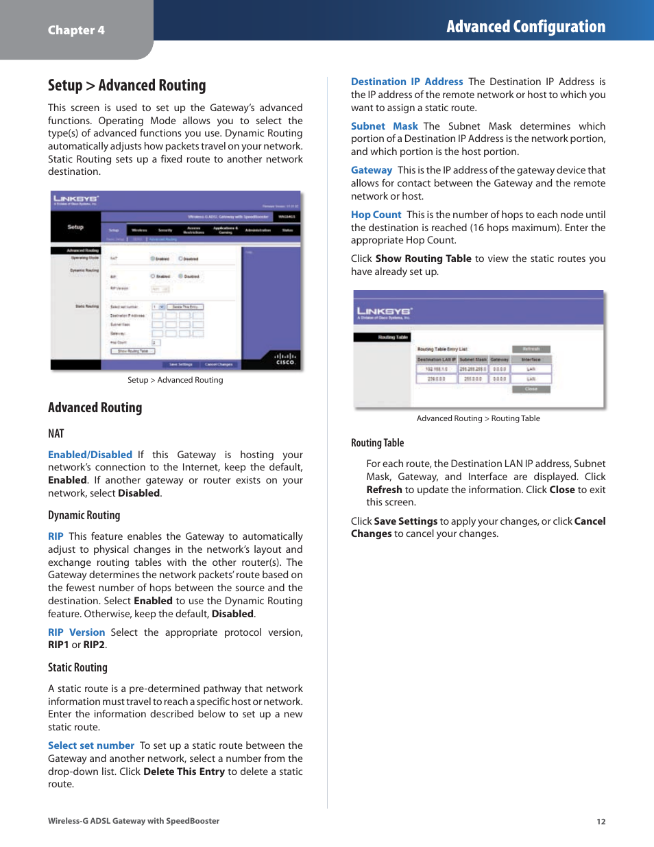 Setup > advanced routing, Advanced configuration, Advanced routing | Linksys WAG54GS User Manual | Page 13 / 38