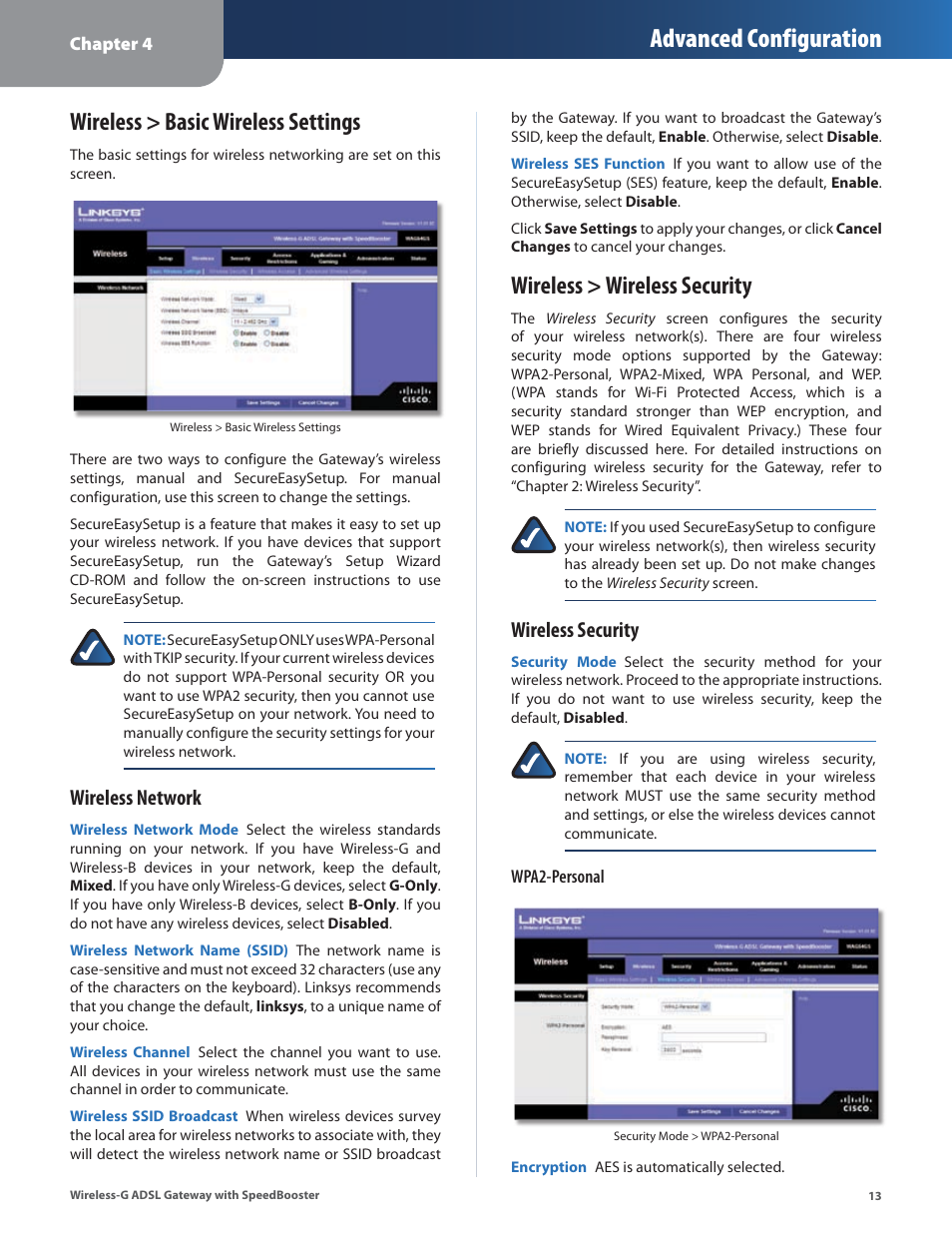 Wireless > basic wireless settings, Wireless > wireless security, Advanced configuration | Wireless network, Wireless security | Linksys WAG54GS User Manual | Page 14 / 38