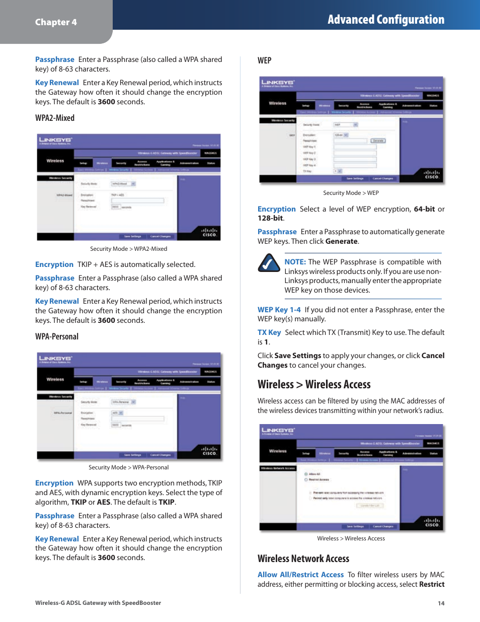 Wireless > wireless access, Advanced configuration, Wireless network access | Linksys WAG54GS User Manual | Page 15 / 38