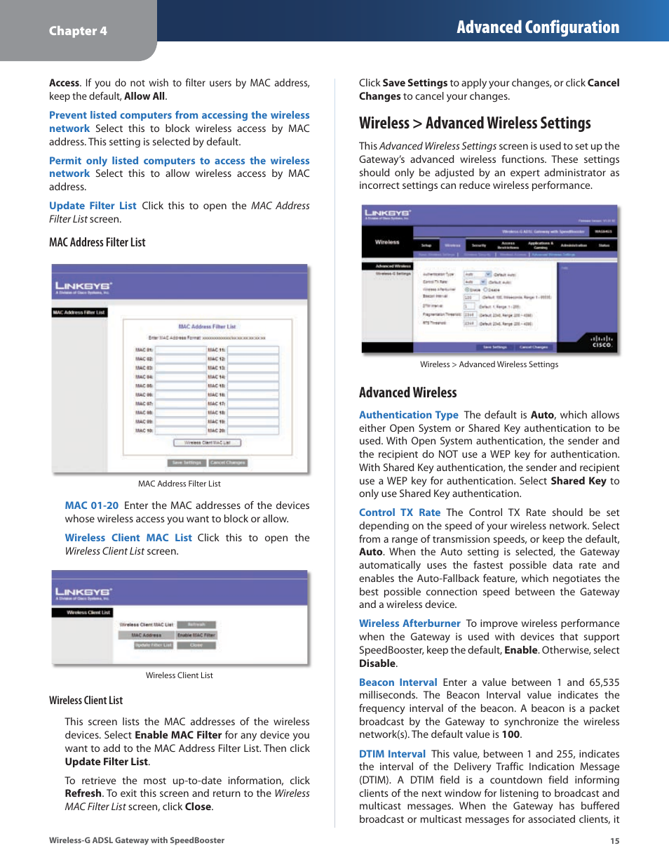 Wireless > advanced wireless settings, Advanced configuration, Advanced wireless | Linksys WAG54GS User Manual | Page 16 / 38