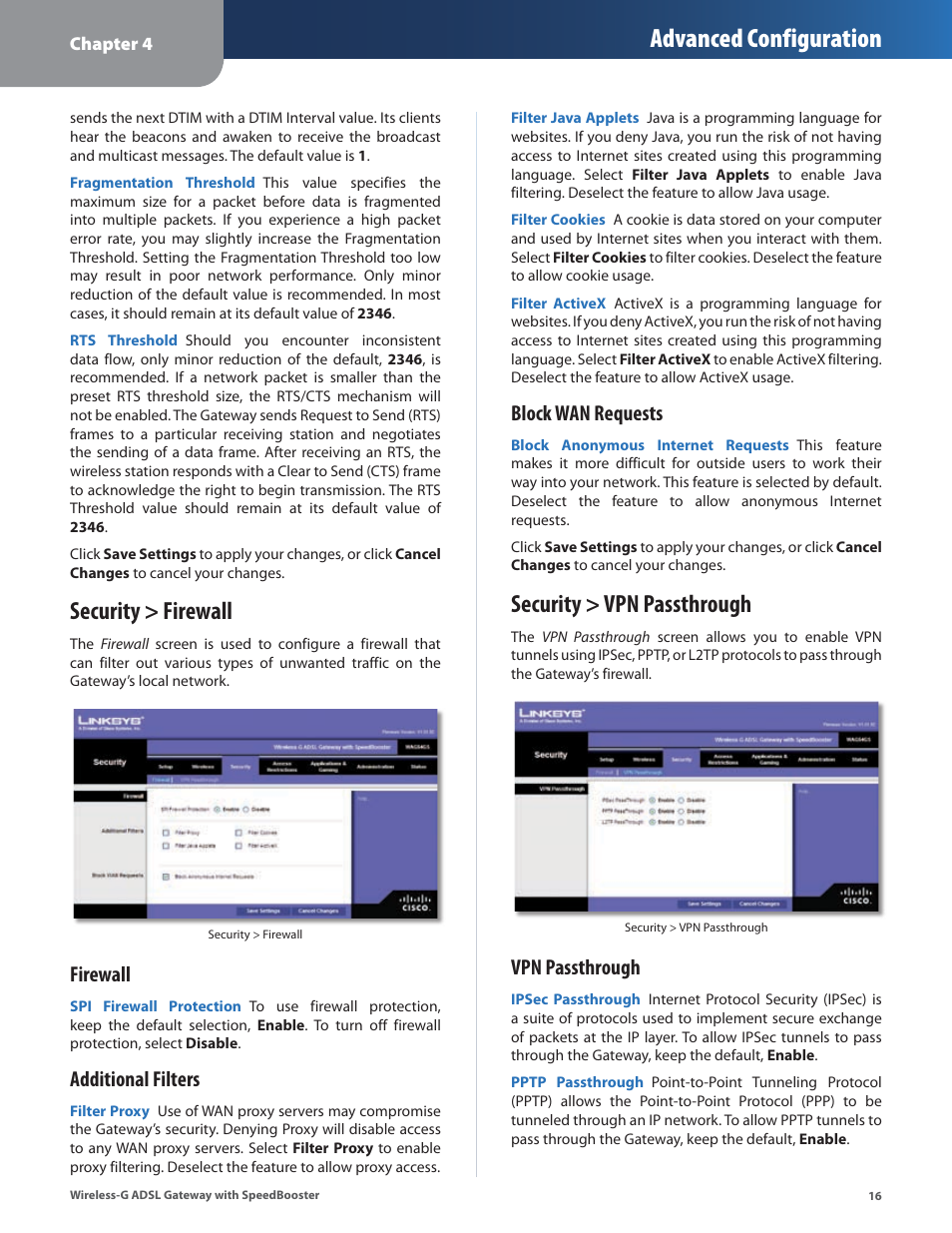 Security > firewall, Security > vpn passthrough, Security > firewall security > vpn passthrough | Advanced configuration, Firewall, Additional filters, Block wan requests, Vpn passthrough | Linksys WAG54GS User Manual | Page 17 / 38