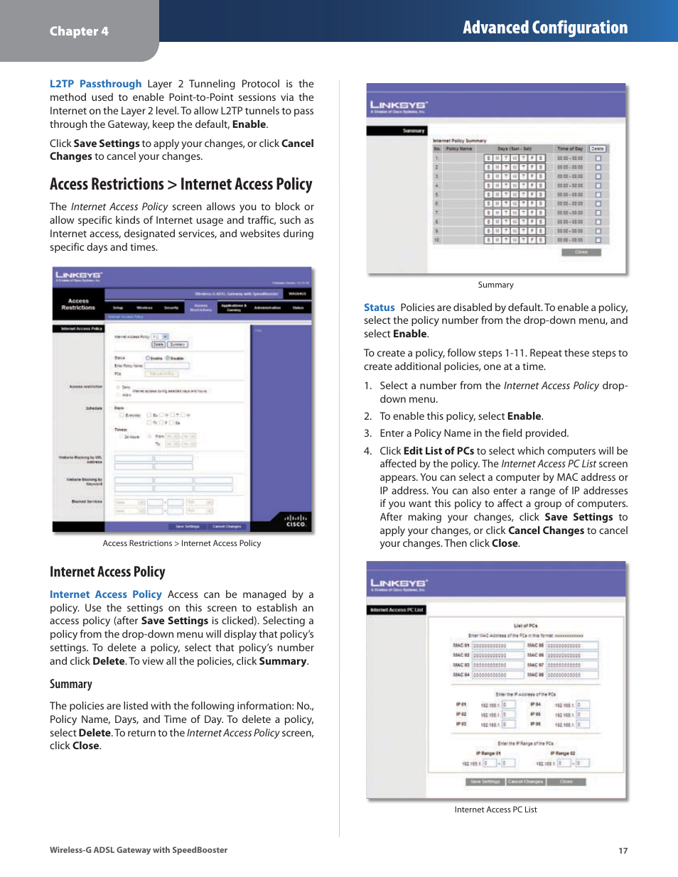 Access restrictions > internet access policy, Advanced configuration, Internet access policy | Linksys WAG54GS User Manual | Page 18 / 38