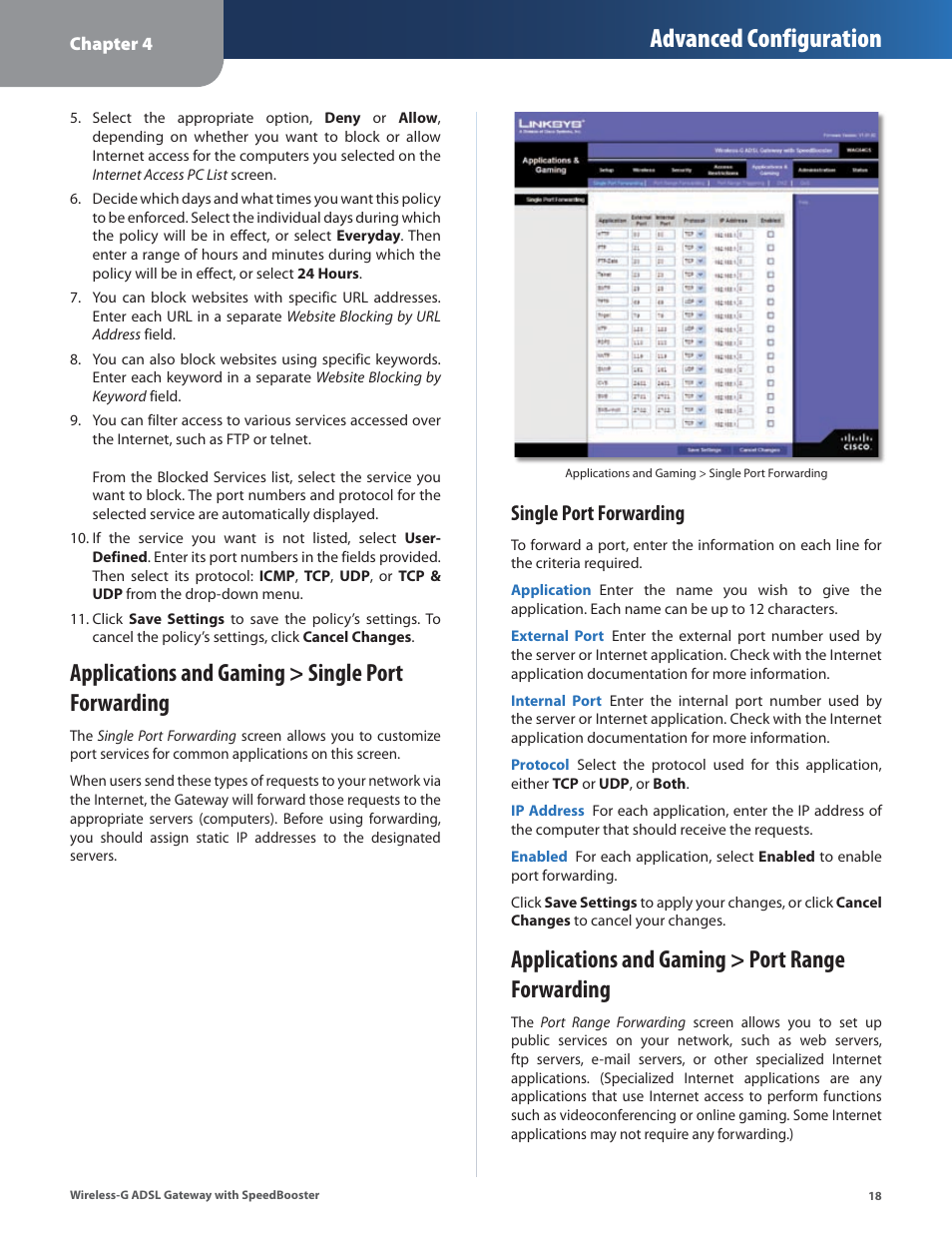 Applications and gaming > single port forwarding, Applications and gaming > port range forwarding, Advanced configuration | Single port forwarding | Linksys WAG54GS User Manual | Page 19 / 38