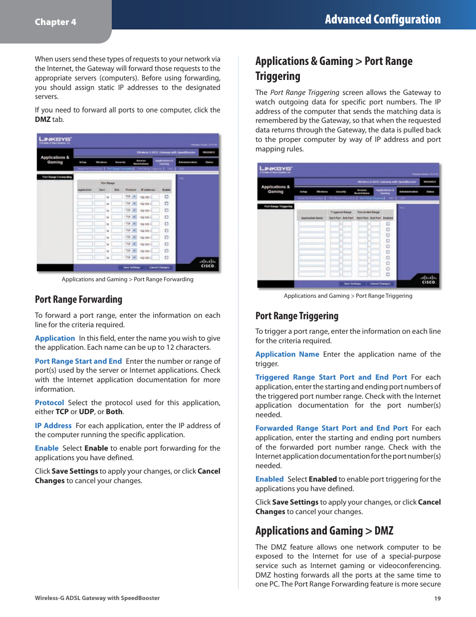 Applications & gaming > port range triggering, Applications and gaming > dmz, Advanced configuration | Port range forwarding, Port range triggering | Linksys WAG54GS User Manual | Page 20 / 38